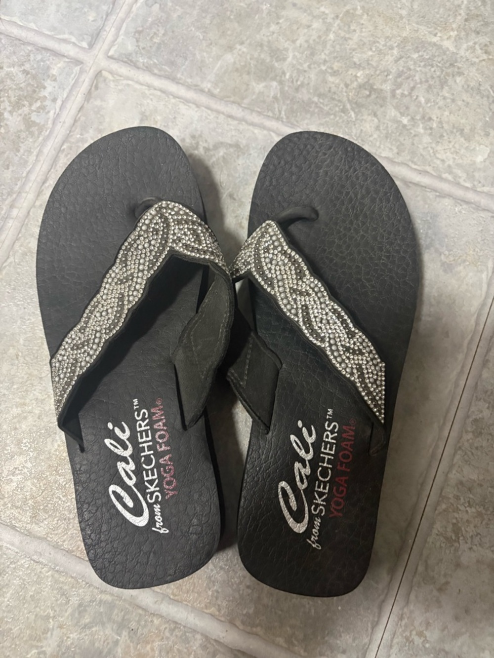 Skechers Black Rhinestone-Trimmed Flip Flop Sandals